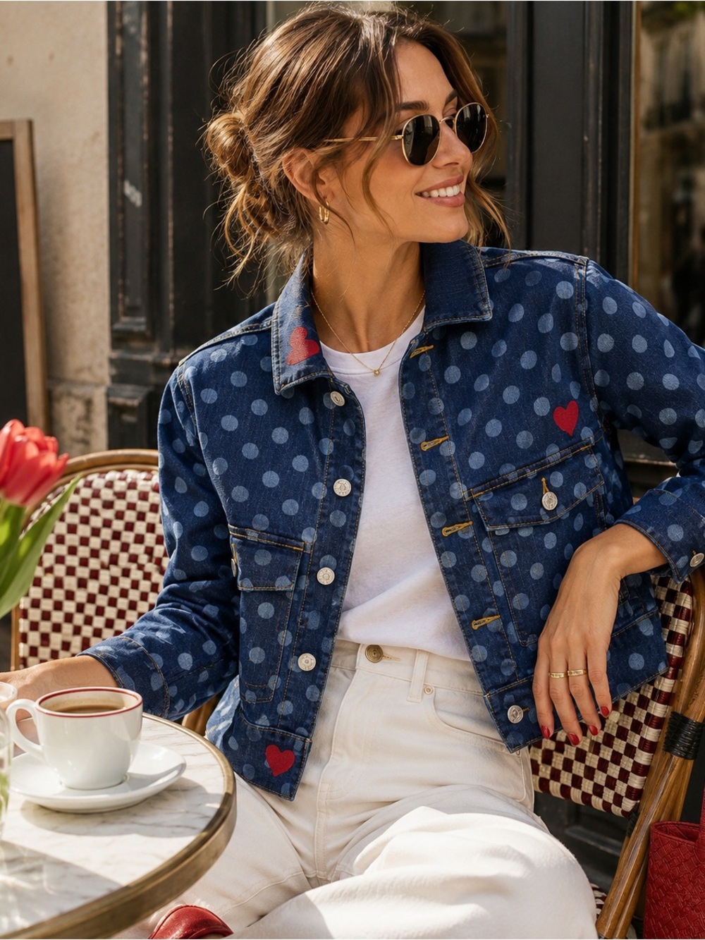 Lularoe Blue Denim Jacket Polka Dot Red Hearts Print Trucker French Girl